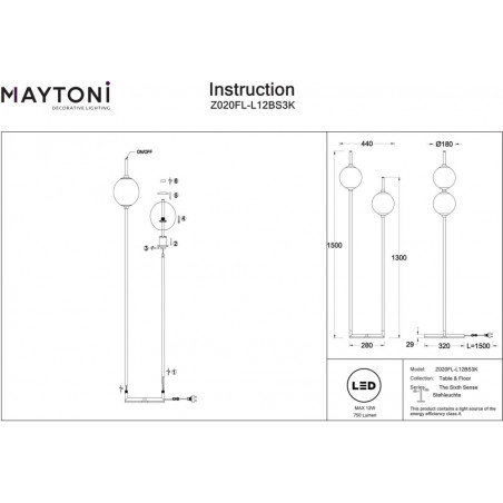 Lampa podłogowa 2 szklane kule The Sixth Sense 150cm biały / mosiądz Maytoni
