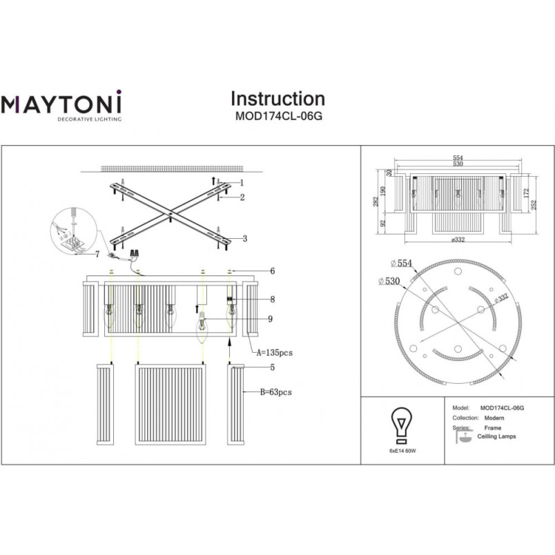 Plafon szklany hampton Frame 55,4cm przeźroczysty / złoty Maytoni