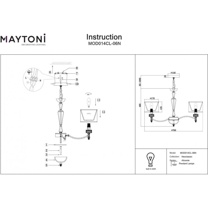 Żyrandol wiszący z abażurami hampton Alicante VI 70cm biały / nikiel Maytoni