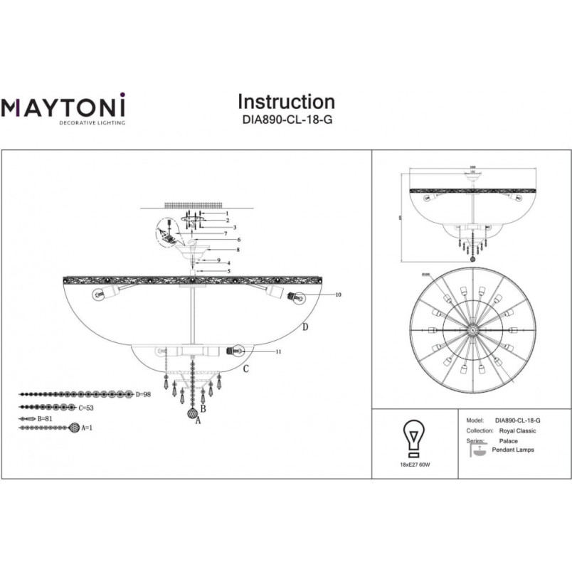Plafon kryształowy Palace 100cm antyczny złoty Maytoni