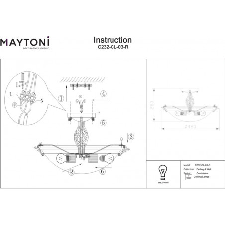 Plafon antyczny ze szklanym kloszem Combinare 48cm biało-brązowy Maytoni