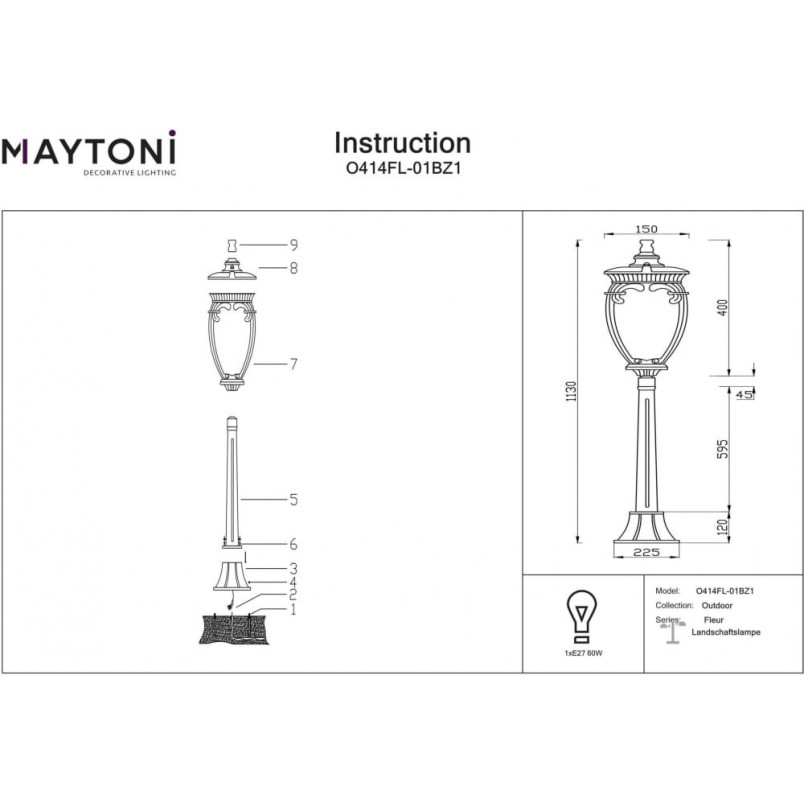 Słupek ogrodowy latarnia retro Fleur 113cm antyczny brąz Maytoni