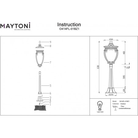 Słupek ogrodowy latarnia retro Fleur 113cm antyczny brąz Maytoni
