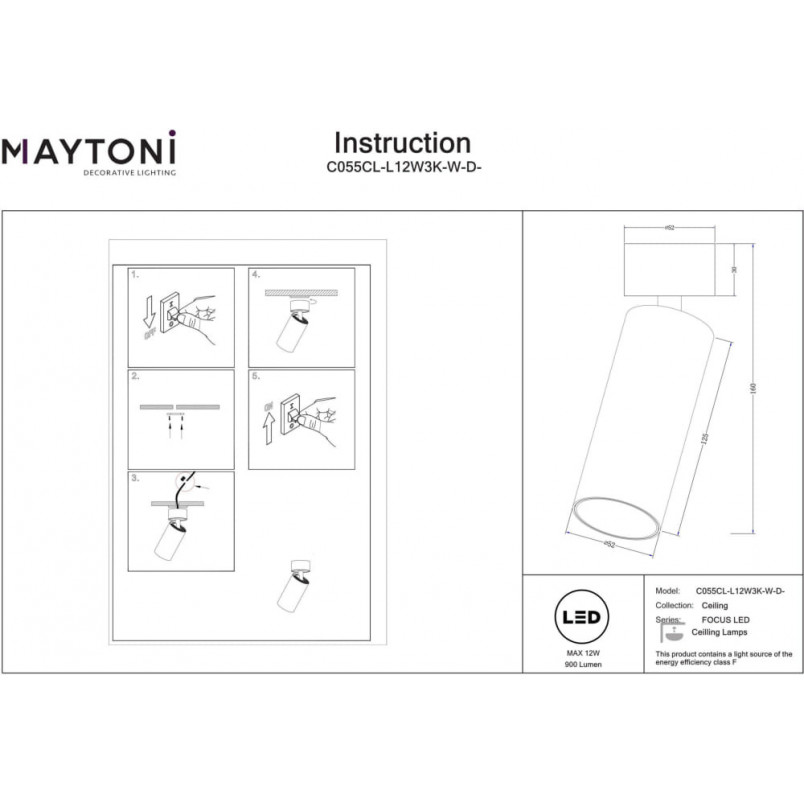 Reflektor sufitowy ściemniany Focus LED 3000K 5,2cm biały Maytoni