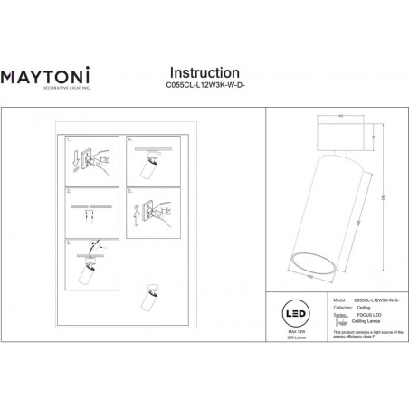 Reflektor sufitowy ściemniany Focus LED 3000K 5,2cm biały Maytoni