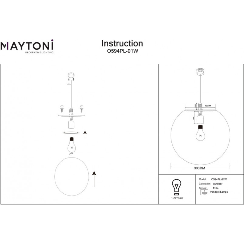 Lampa ogrodowa wisząca kula Erda 30cm biała Maytoni