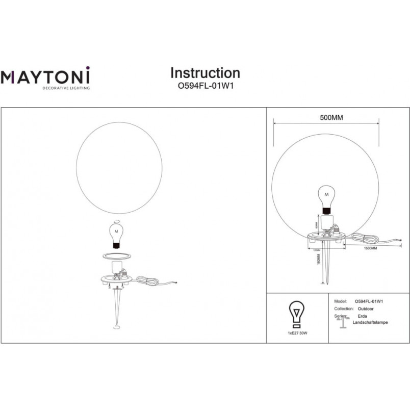 Lampa ogrodowa kula Erda 50cm biała Maytoni
