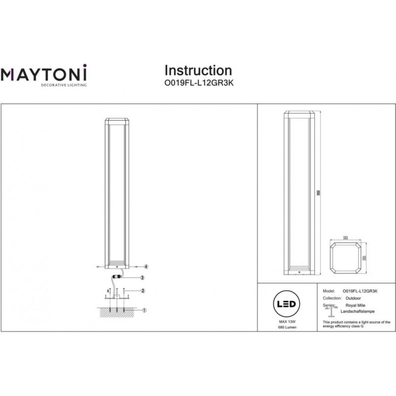 Lampa zewnętrzna stojąca Royal Mile LED 3000K 80cm szara Maytoni