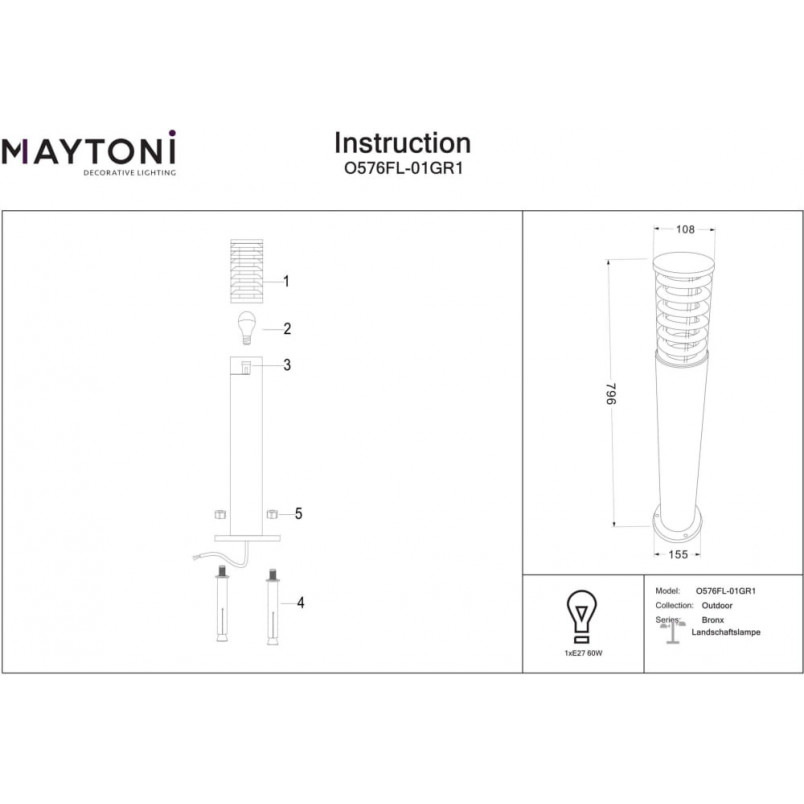 Lampa ogrodowa stojąca Bronx 79,6cm szara Maytoni