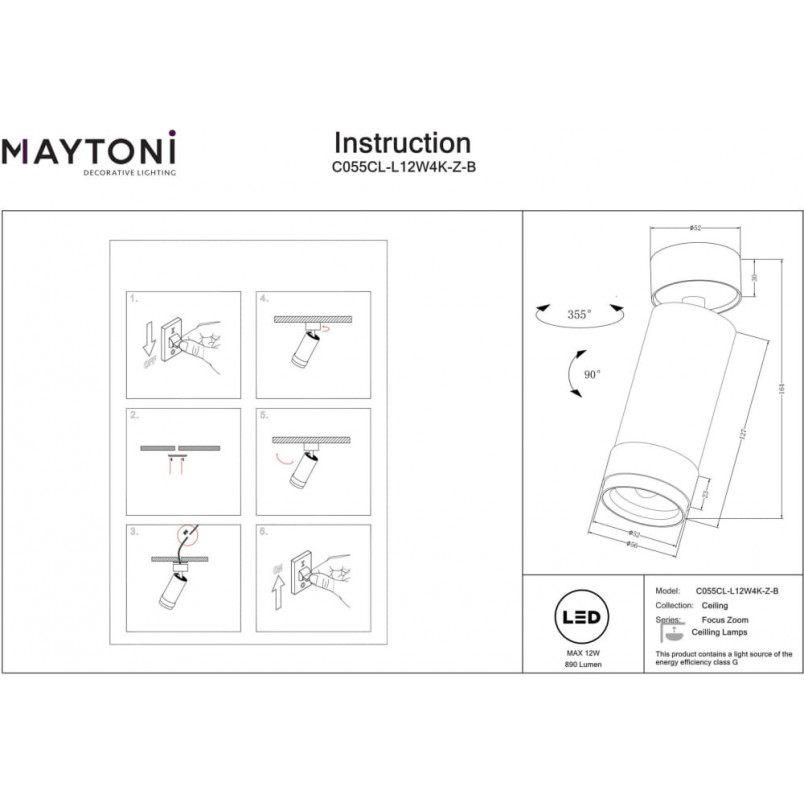 Reflektor sufitowy Focus Zoom LED 4000K 1x12W 15°- 50° czarny Maytoni