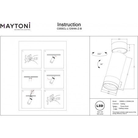 Reflektor sufitowy Focus Zoom LED 4000K 1x12W 15°- 50° czarny Maytoni