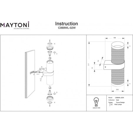 Kinkiet góra-dół z dekoracyjnym kloszem Focus Design biały Maytoni