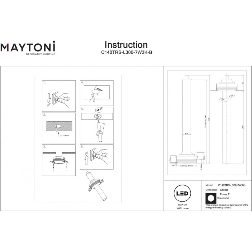 Reflektor podtynkowy Focus T II LED 3000K 3cm H31,6cm czarny Maytoni