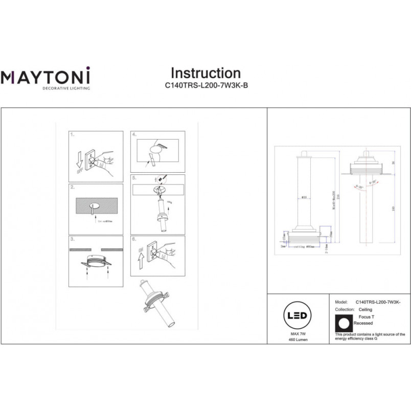 Reflektor podtynkowy Focus T II LED 3000K 3cm H21,6cm czarny Maytoni