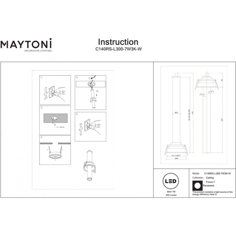 Reflektor podtynkowy Focus T LED 3000K 3cm H31,6cm biały Maytoni