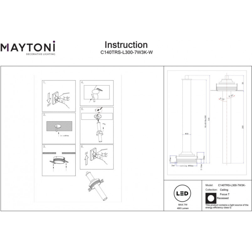 Reflektor podtynkowy Focus T II LED 3000K 3cm H31,6cm biały Maytoni