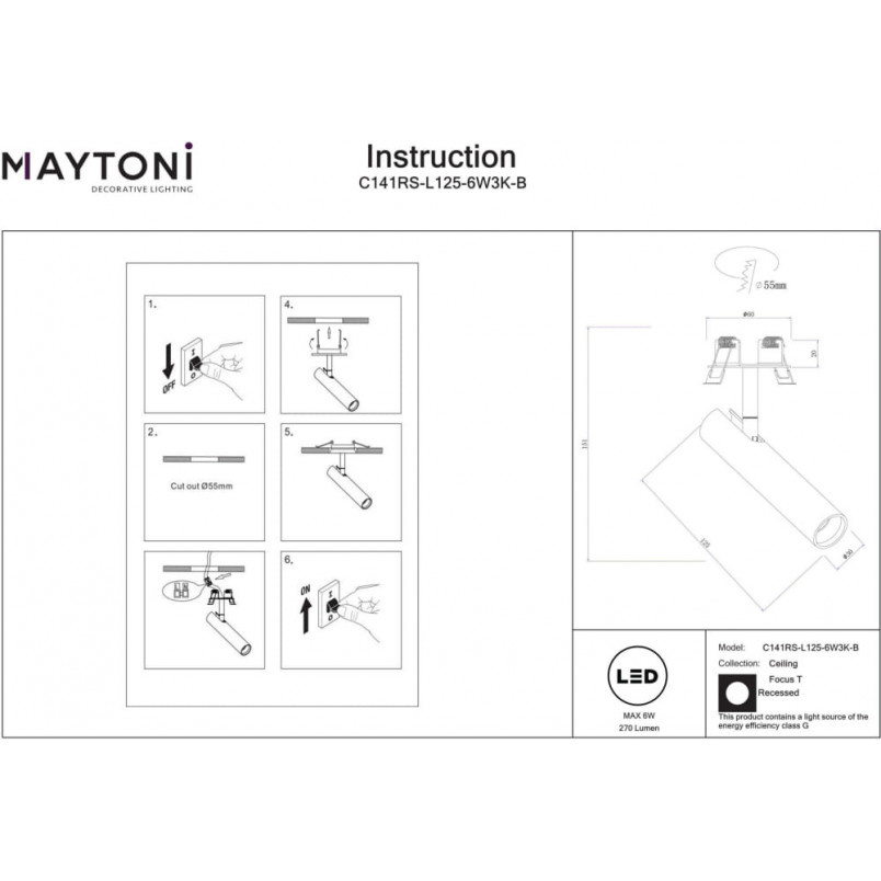 Reflektor sufitowy podtynkowy Focus T LED 3000K 3cm H12,5cm czarny Maytoni
