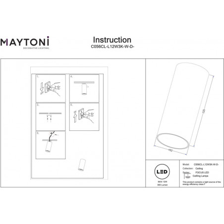 Lampa tuba spot natynkowa ściemniana Focus LED 3000K 5,2cm biała Maytoni