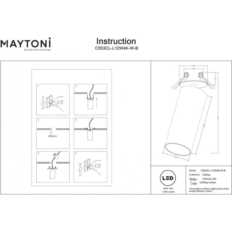 Reflektor spot podtynkowy Focus LED 4000K 5,2cm czarny Maytoni