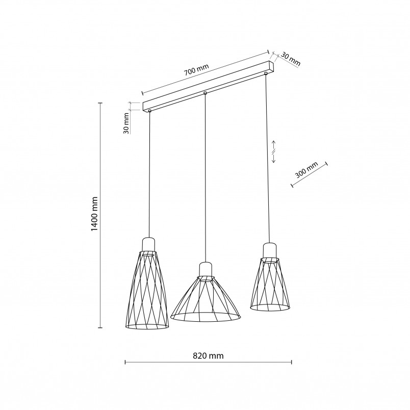 Lampa wisząca druciana potrójna na listwie Modesto Wood 82cm czarny / sosna TK Lighting