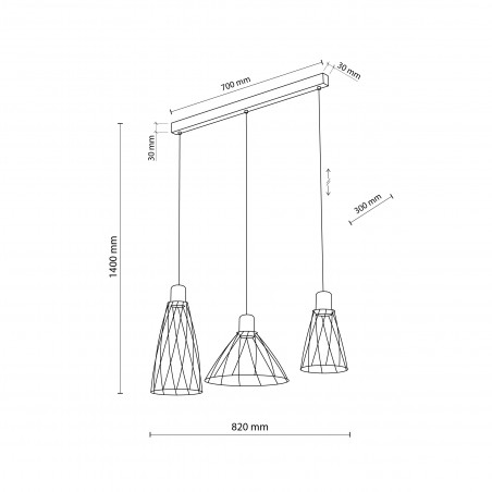 Lampa wisząca druciana potrójna na listwie Modesto Wood 82cm czarny / sosna TK Lighting