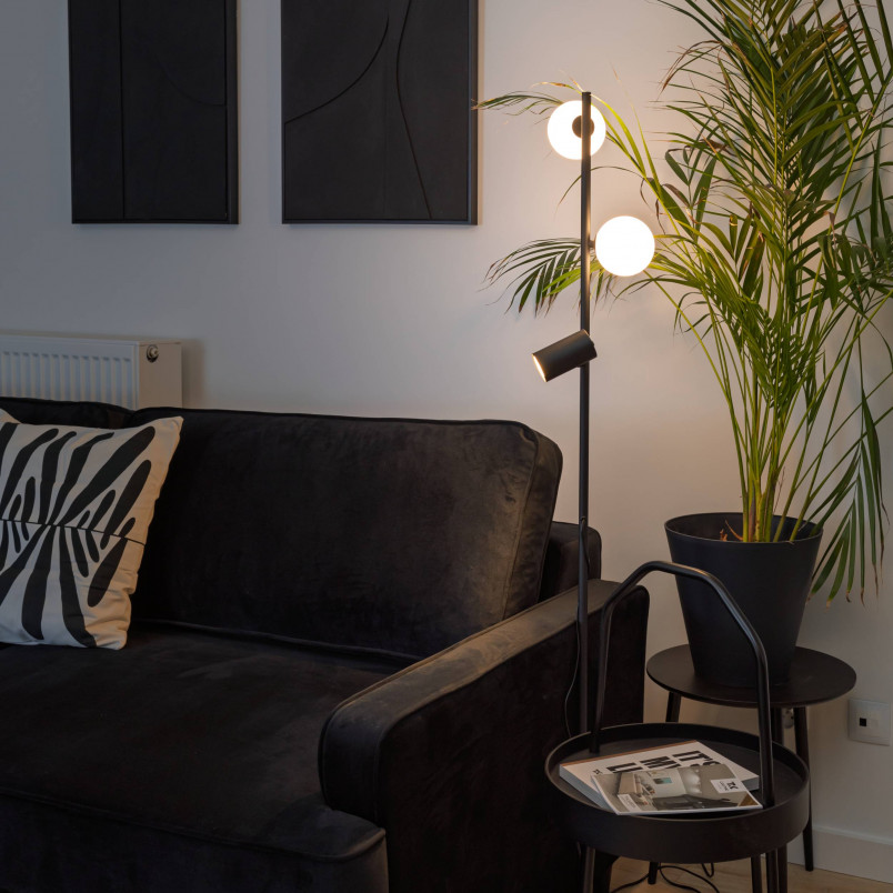 Lampa podłogowa 2 szklane kule z reflektorkiem Vox 152cm biało-czarna TK Lighting