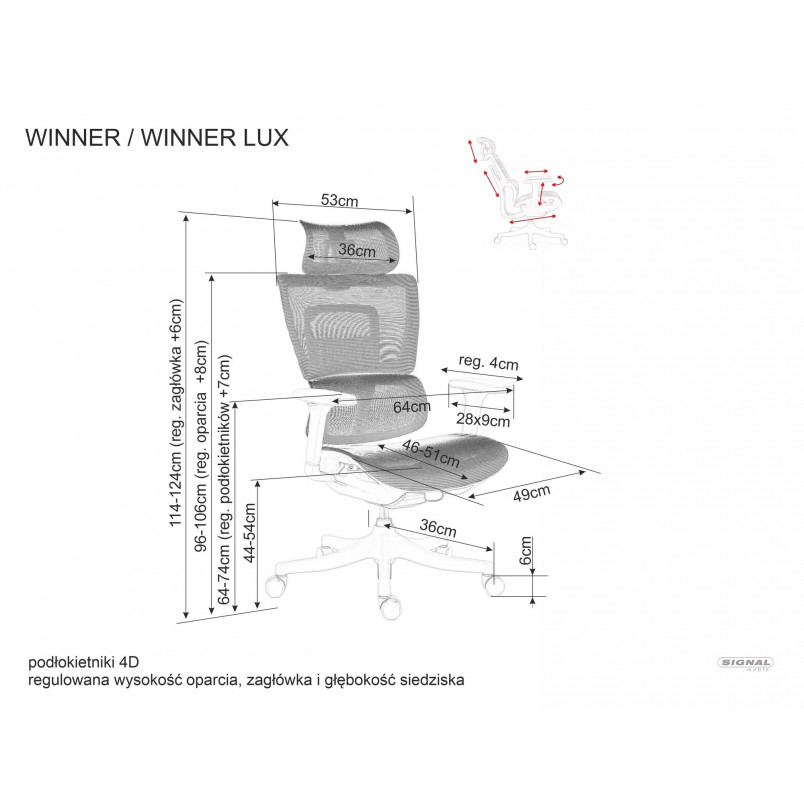 Fotel biurowy regulowany Winner Lux szary Signal