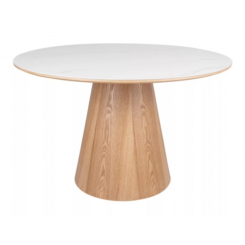Stół okrągły na jednej nodze Angel Ceramic 120cm biały połysk / dąb Signal