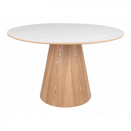 Stół okrągły na jednej nodze Angel Ceramic 120cm biały połysk / dąb Signal