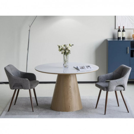 Stół okrągły na jednej nodze Angel Ceramic 120cm biały połysk / dąb Signal