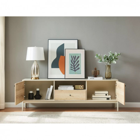 Szafka rtv na nóżkach Frost 180x40cm off white / dąb alpejski Signal