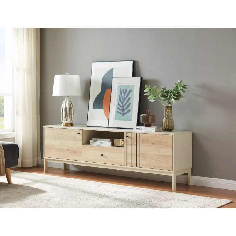 Szafka rtv na nóżkach Frost 180x40cm off white / dąb alpejski Signal