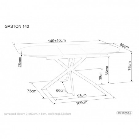 Stół owalny rozkładany Gaston Ceramic 140cm biały mat efekt marmuru / czarny mat Signal