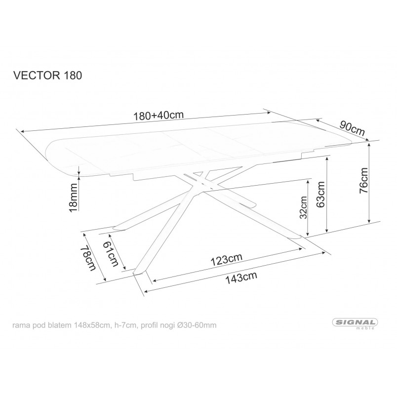 Stół ceramiczny rozkładany Vector 180-220x90cm czarny efekt marmuru / czarny Signal