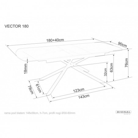 Stół ceramiczny rozkładany Vector 180-220x90cm czarny efekt marmuru / czarny Signal