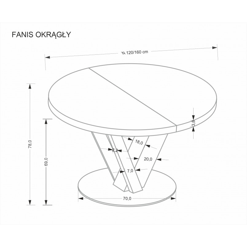 Stół okrągły na jednej nodze rozkładany Fanis 120-160cm naturalny / czarny Halmar