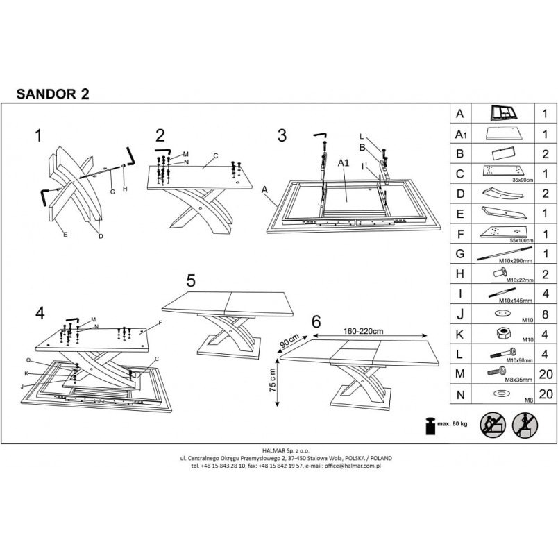 Stół rozkładany szklany SANDOR II 160x90 biały marki Halmar
