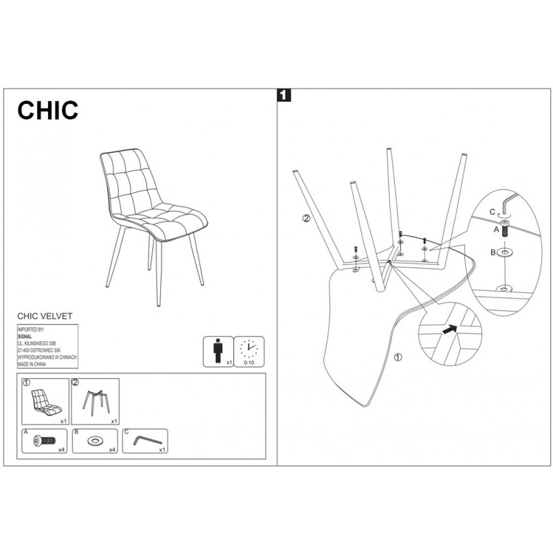 Krzesło welurowe pikowane Chic Velvet szare marki Signal