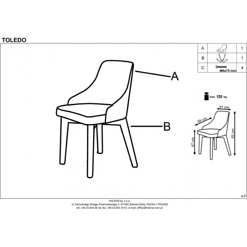 Krzesło welurowe pikowane Toledo III Velvet jasny popiel/ czarny marki Halmar