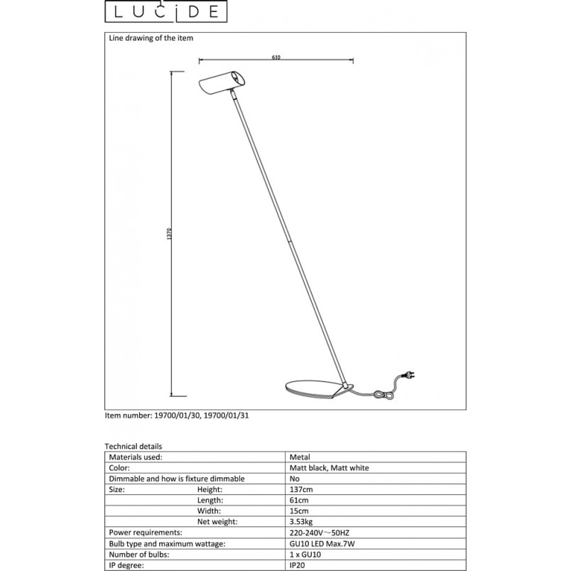 Lampa podłogowa tuba minimalistyczna Hester Biała marki Lucide