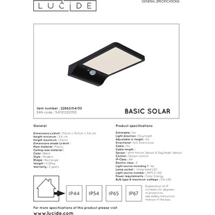 Kinkiet solarny z czujnikiem ruchu Basic Czarny marki Lucide