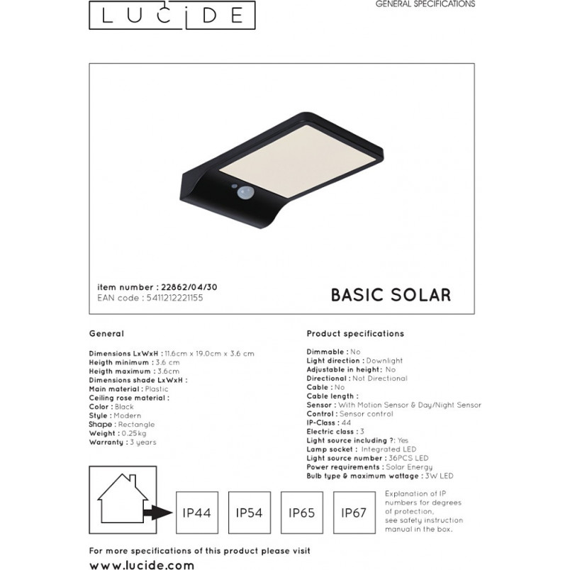 Kinkiet solarny z czujnikiem ruchu Basic Czarny marki Lucide