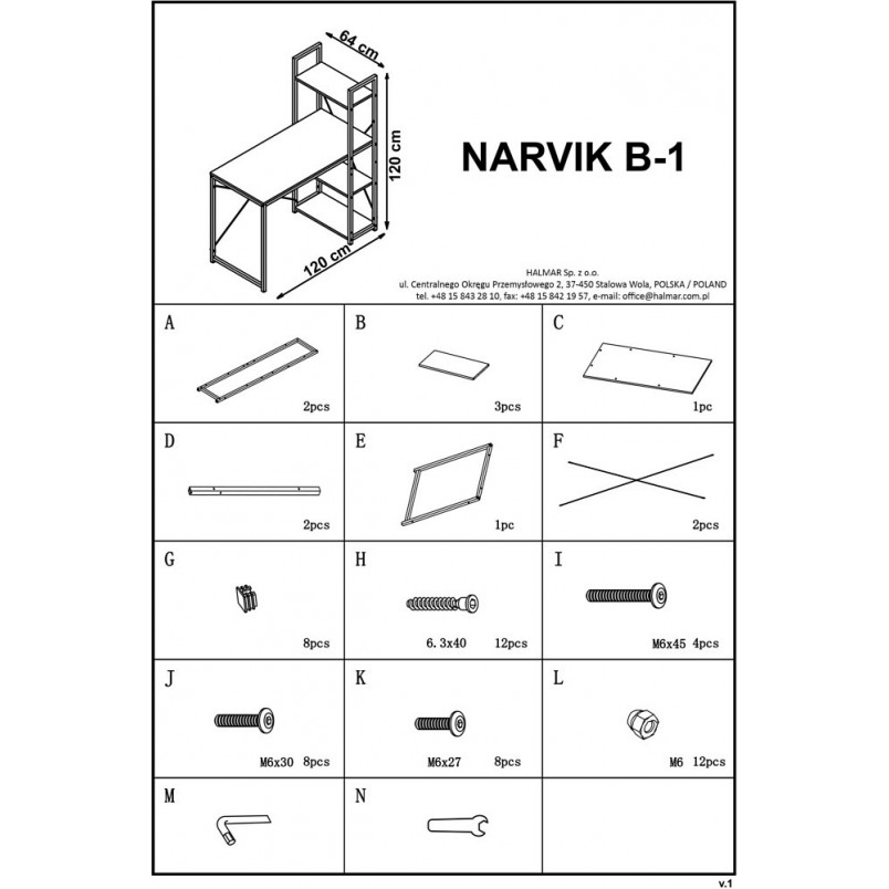 Tanie biurko skandynawskie z regałem Narvik 120 biały/ dąb sonoma marki Halmar