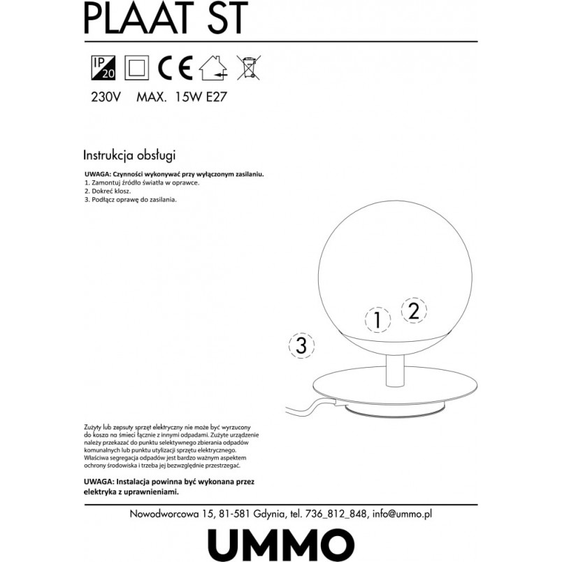 Lampa stołowa szklana kula Plaat czarna marki Ummo