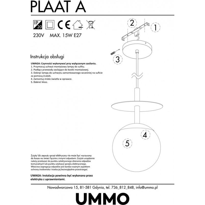 Lampa wisząca szklana kula Plaat 20 biało-mosiężna marki Ummo