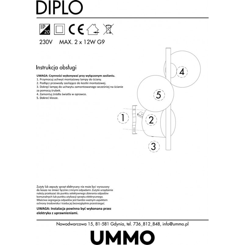 Kinkiet szklane kule Diplo biało-czarny marki Ummo