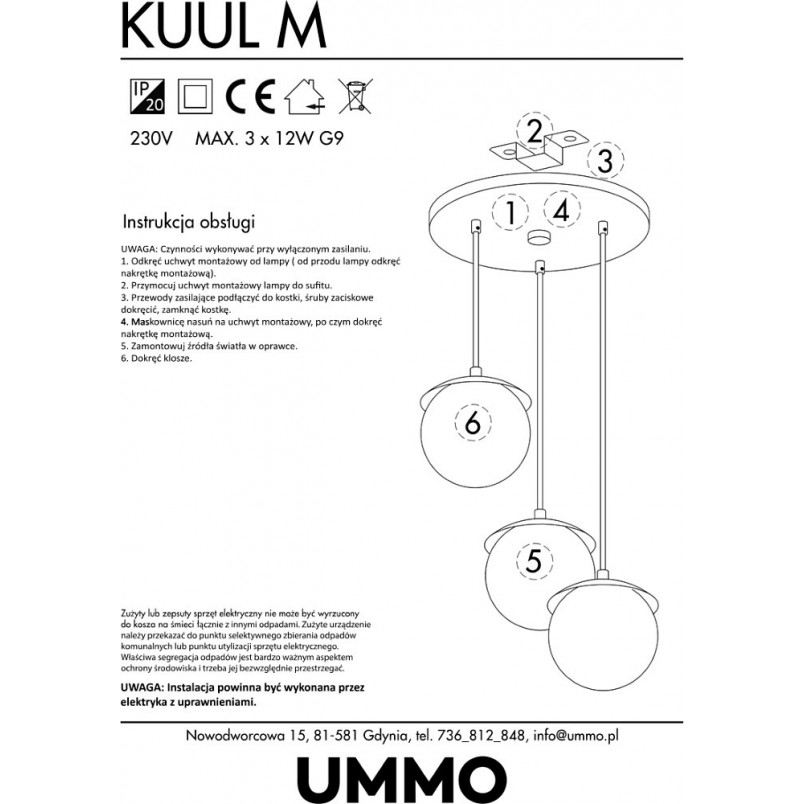 Lampa wisząca 3 szklane kule Kuul M biała marki Ummo