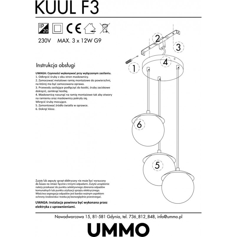 Lampa wisząca 3 szklane kule Kuul F biało-czarna marki Ummo