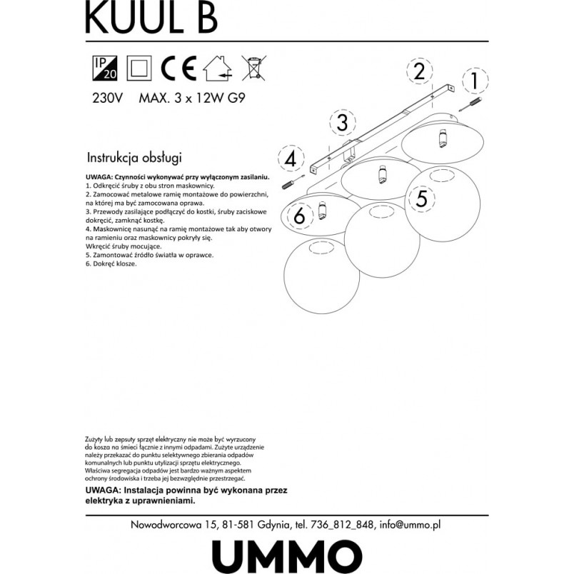 Plafon potrójny szklane kule Kuul biało-czarny marki Ummo