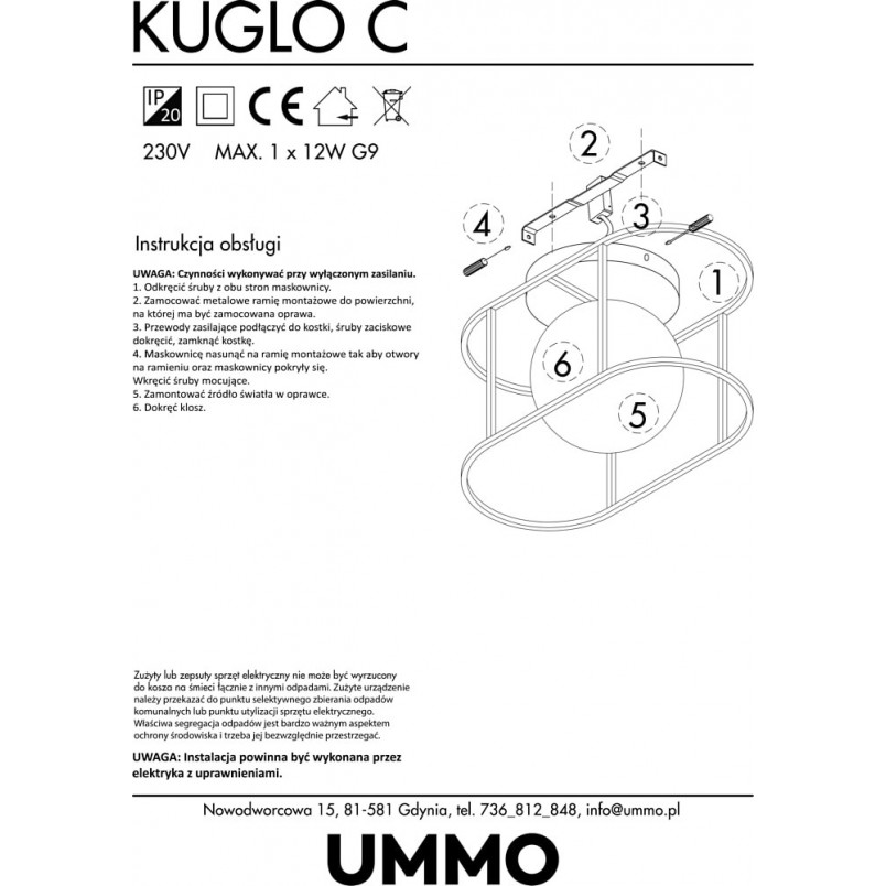 Kinkiet loft szklana kula Kuglo biało-czarny marki Ummo